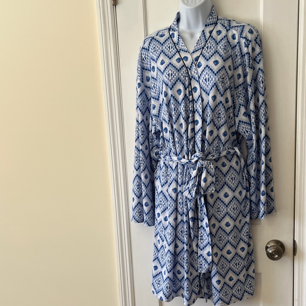 Muk Luks Robe Wrap Belted Swim Cover Women's XL Blue White Geometric Print Soft